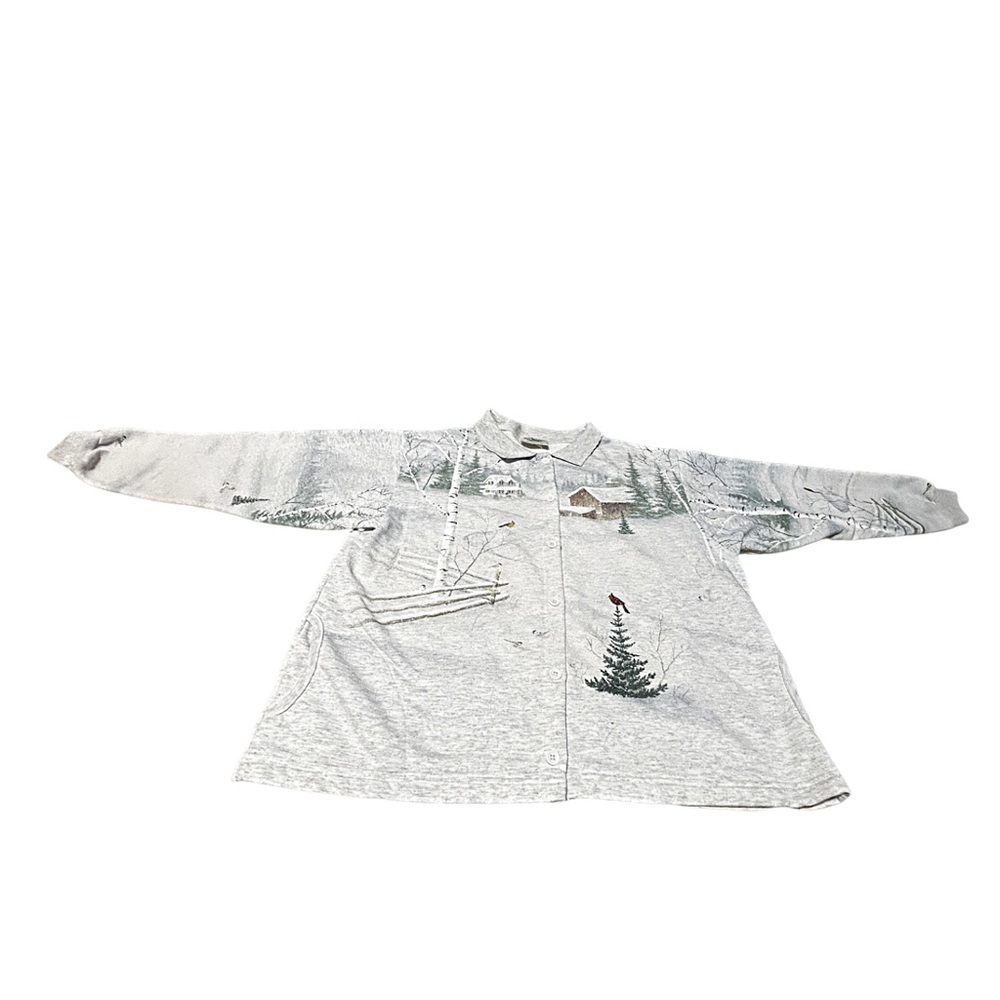 Artisans Knit Winter Scenic Cabin Button Shirt USA Vintage Large - Picture 2 of 16